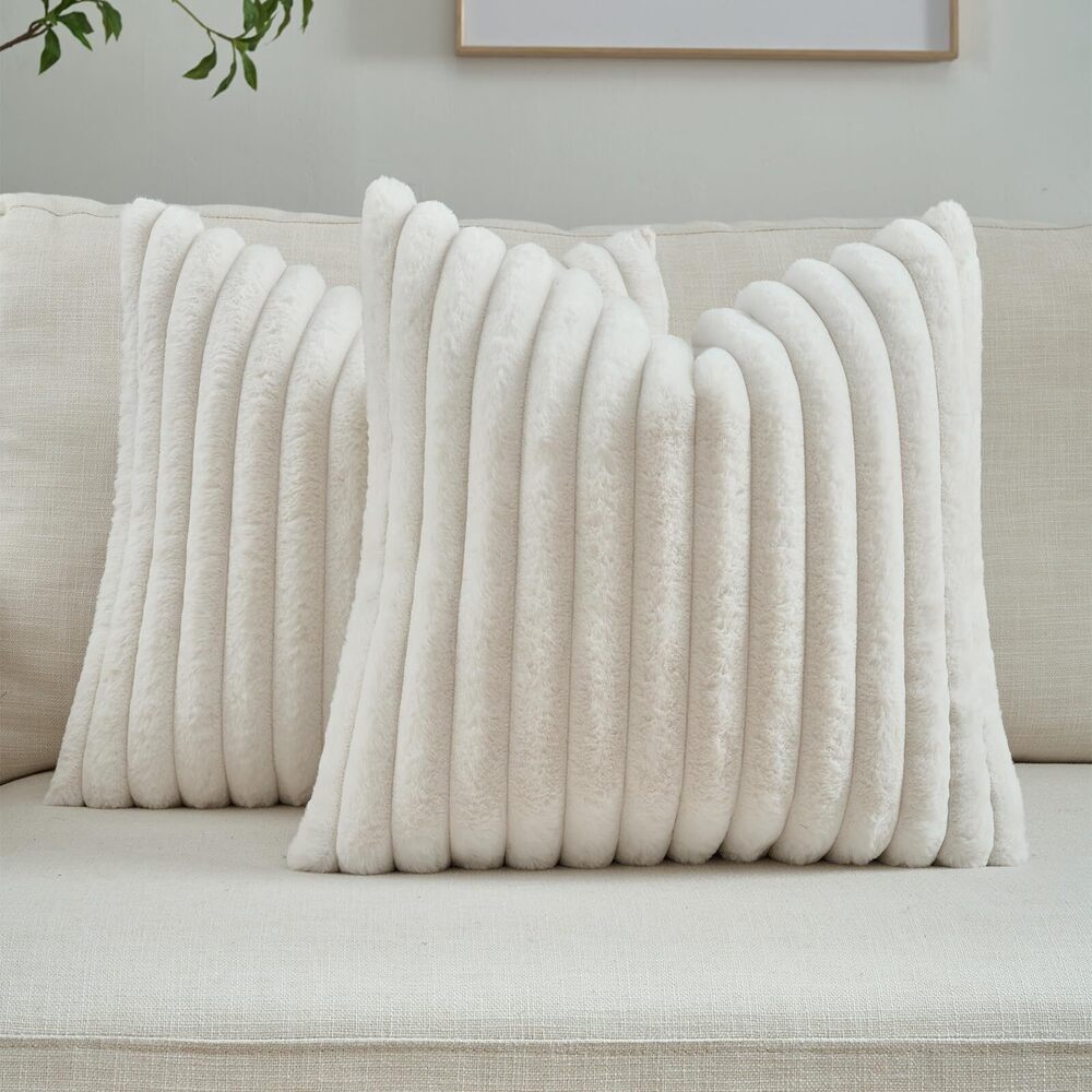 8897 Cream White Striped Decorative Throw Pillow Covers 16x16 Inch Set of